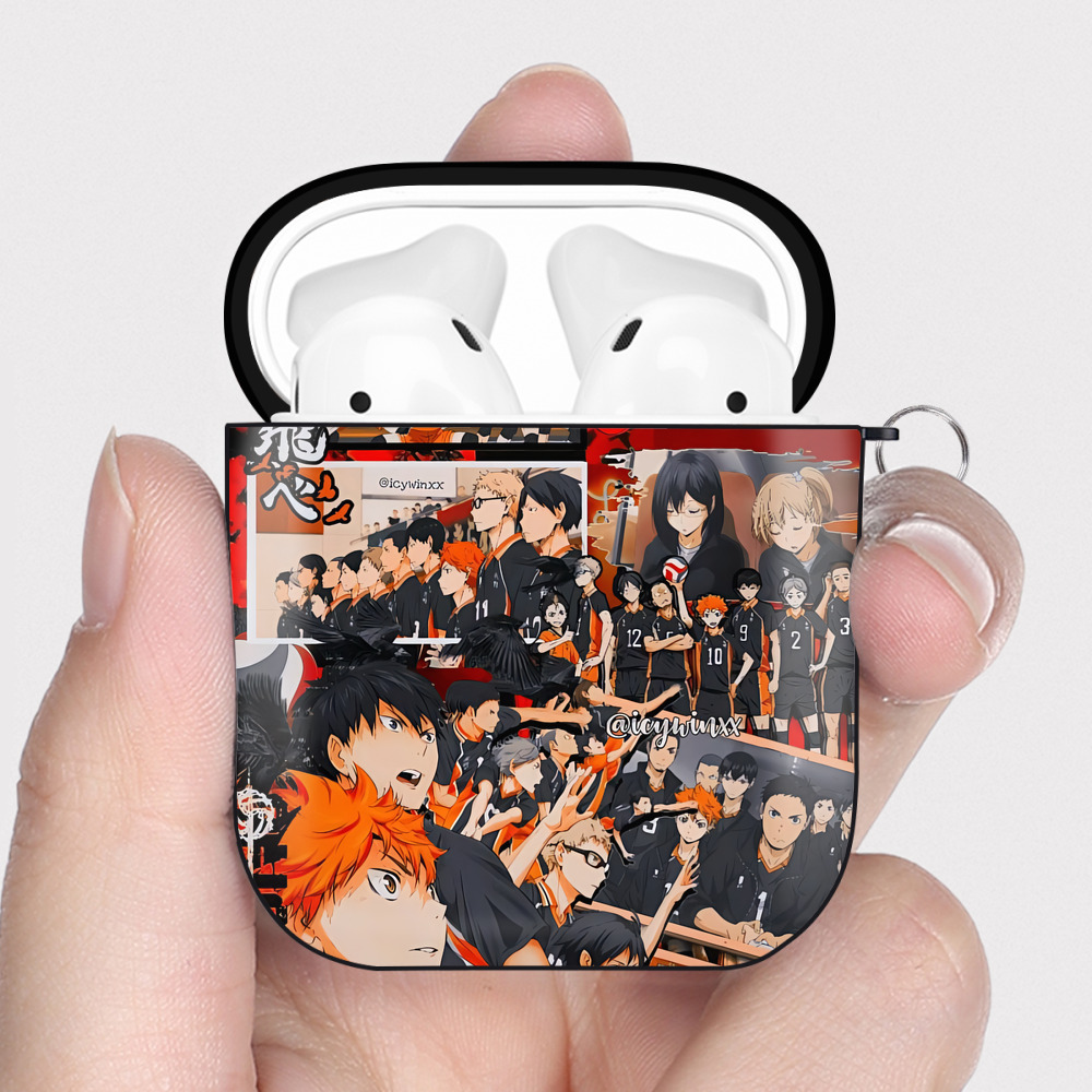 （画像用） ハイキュー!! Haikyu!! AirPods 第2世代保護ケース ハードシェル ブラック 耐衝撃・防指紋・カラビナ付き